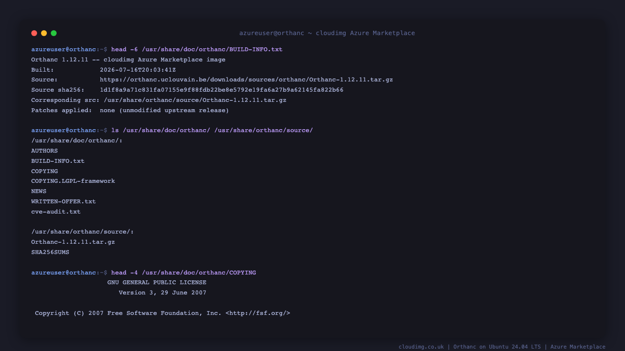 The recorded build provenance, the licence and corresponding source shipped on the image, and the GNU General Public License version 3 header
