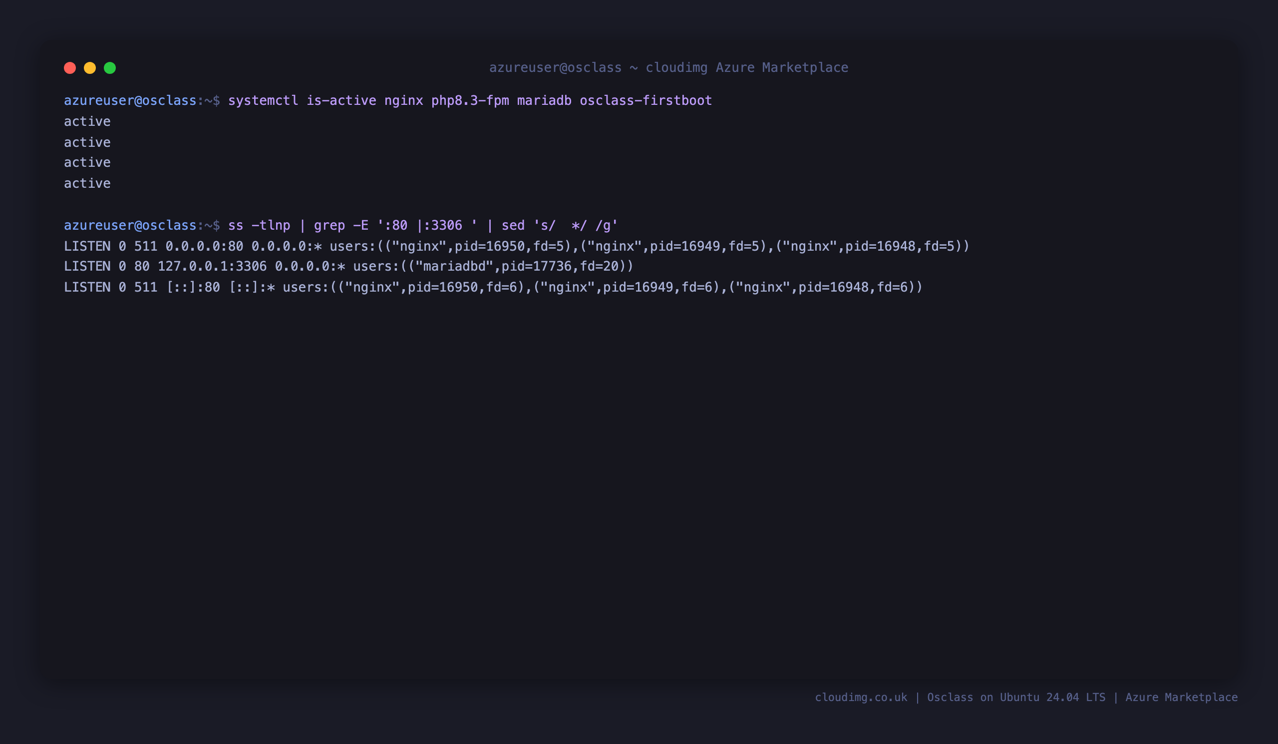 The nginx, php8.3-fpm, mariadb and osclass-firstboot services active, with nginx on port 80 and MariaDB bound to loopback 127.0.0.1:3306