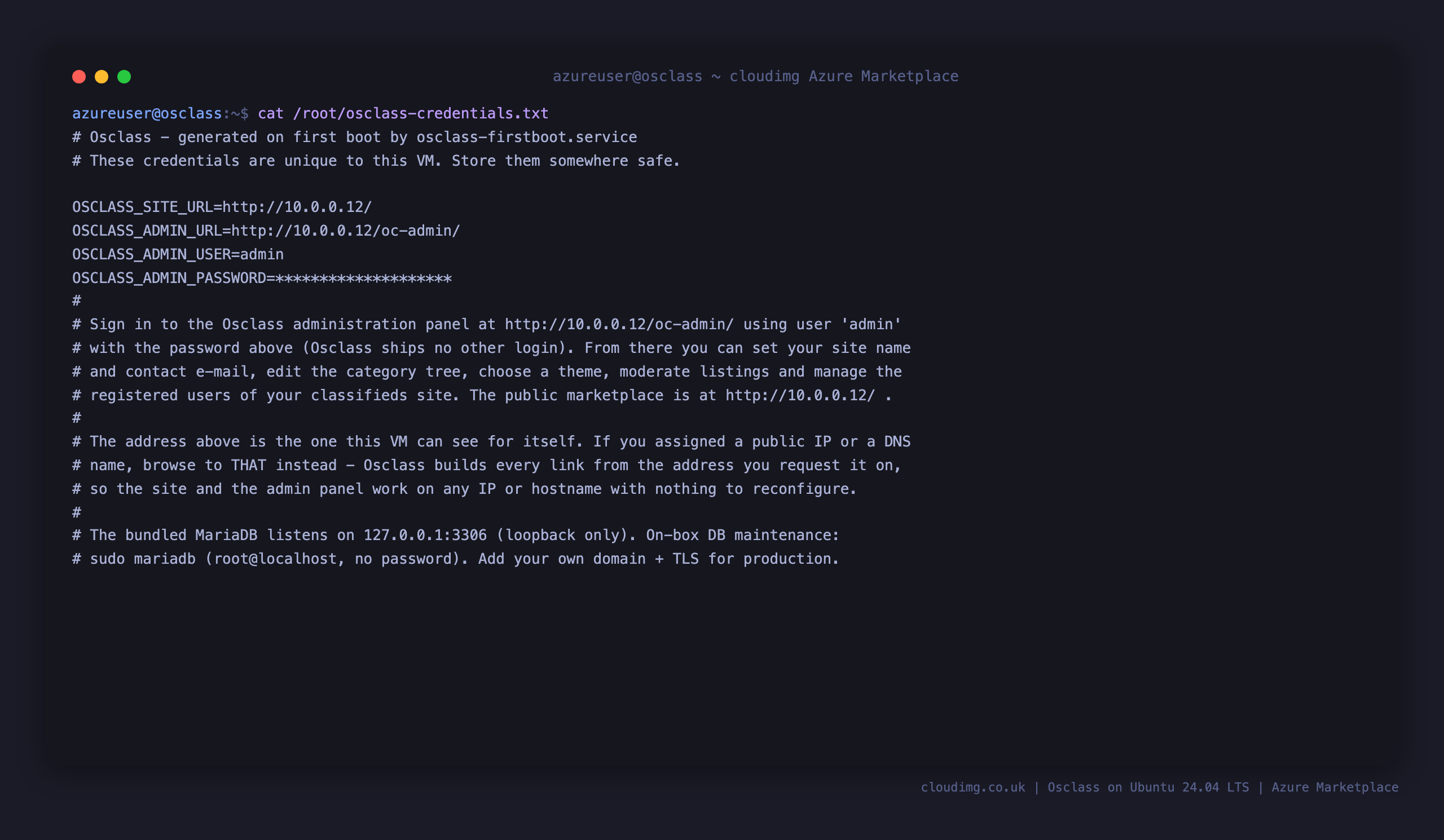 The per VM Osclass credentials file, showing the administrator login user, the generated password, the public site URL and the admin panel URL