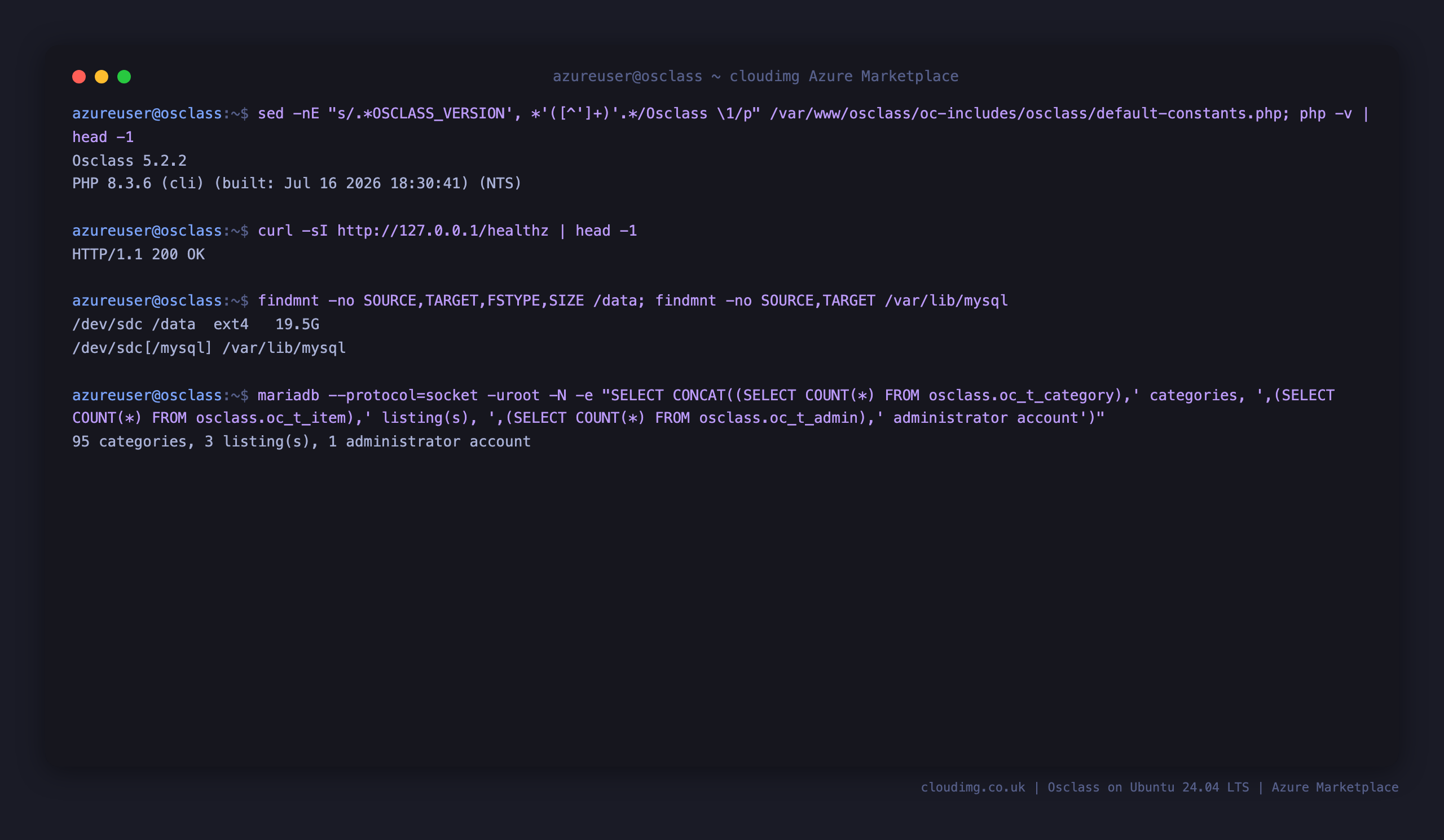 The Osclass version, the healthz endpoint returning 200, and the ext4 data disk mounted at /data and bind mounted onto /var/lib/mysql