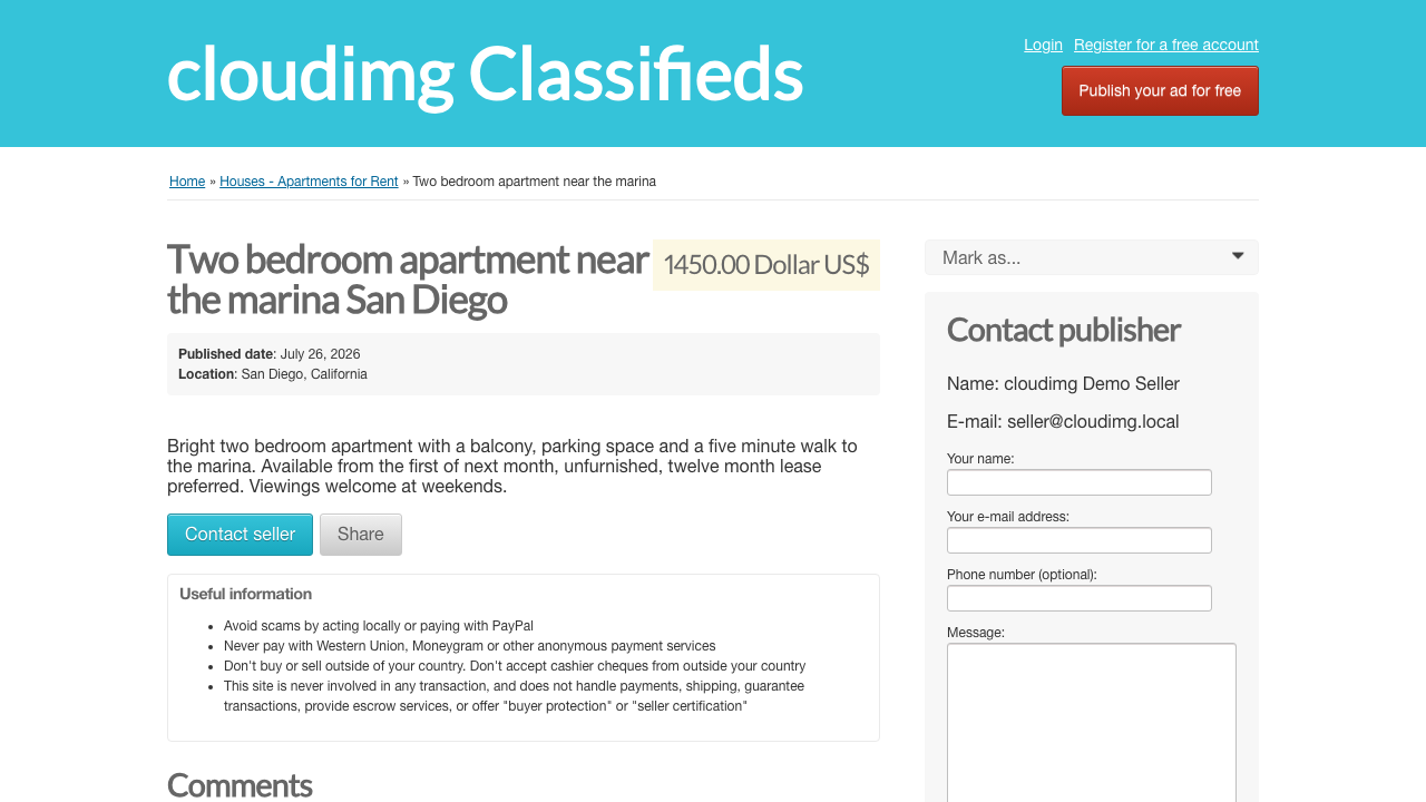 A published Osclass classified ad as a visitor sees it, showing the title, price, location, description and the contact publisher form