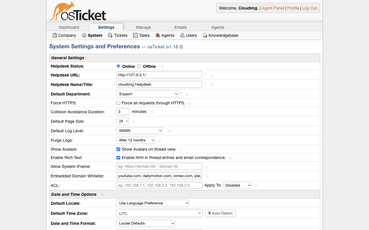 osTicket admin panel