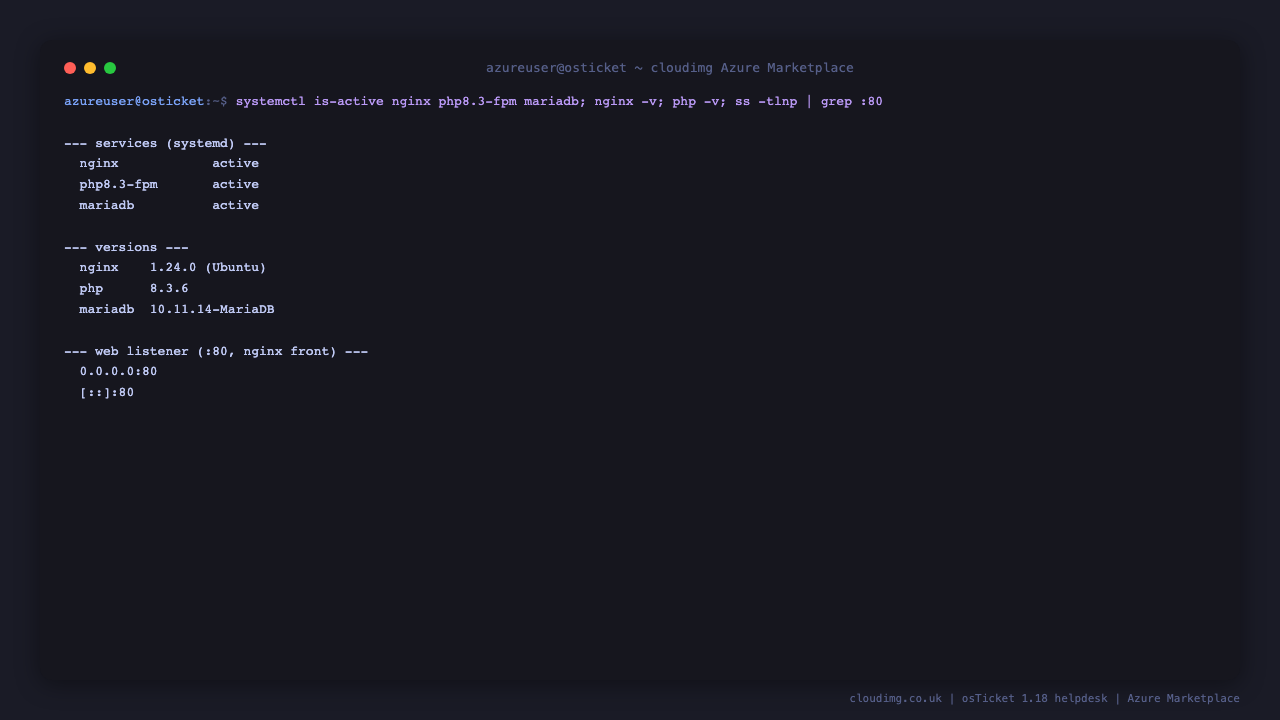 nginx, php8.3-fpm and mariadb all active, nginx listening on port 80, PHP 8.3.x, MariaDB 10.11.x