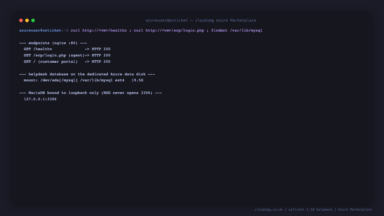 The health endpoint, the agent sign in page and the customer portal all returning HTTP 200, the MariaDB datadir mounted on the dedicated ext4 data disk, and MariaDB bound to loopback only
