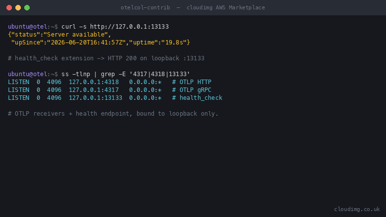 The health_check extension on loopback port 13133 returning HTTP 200 Server available, and ss showing the OTLP gRPC, OTLP HTTP and health listeners bound