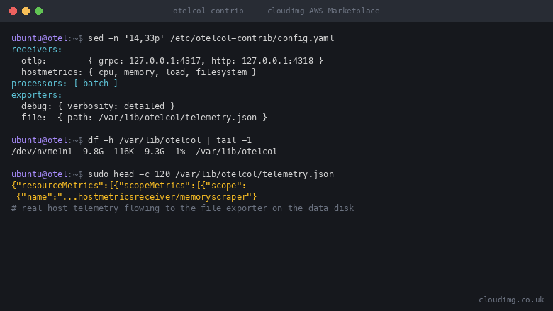 The receivers, processors and exporters in config.yaml and real JSON telemetry flowing to the file exporter on the dedicated data volume