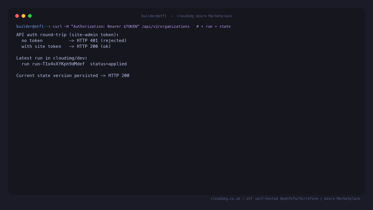 The otf API auth round-trip, the latest applied run and the persisted state version