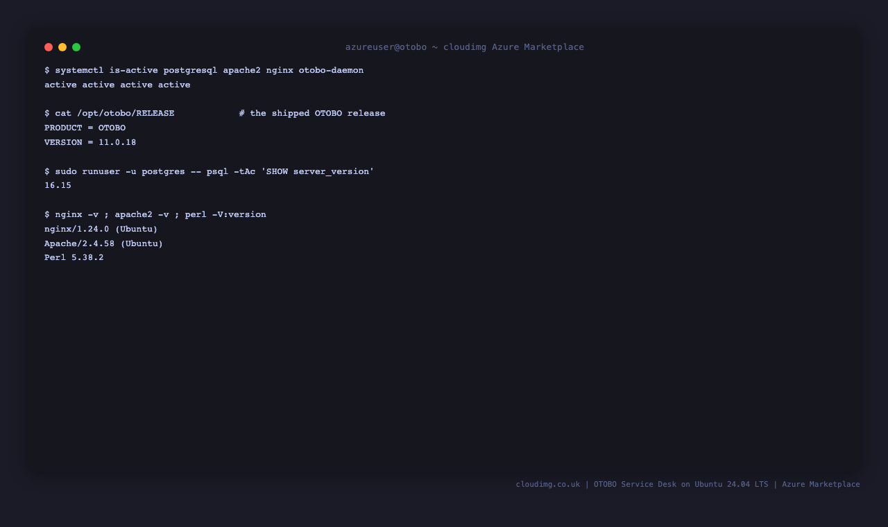 The OTOBO service stack running, with the shipped release and PostgreSQL version