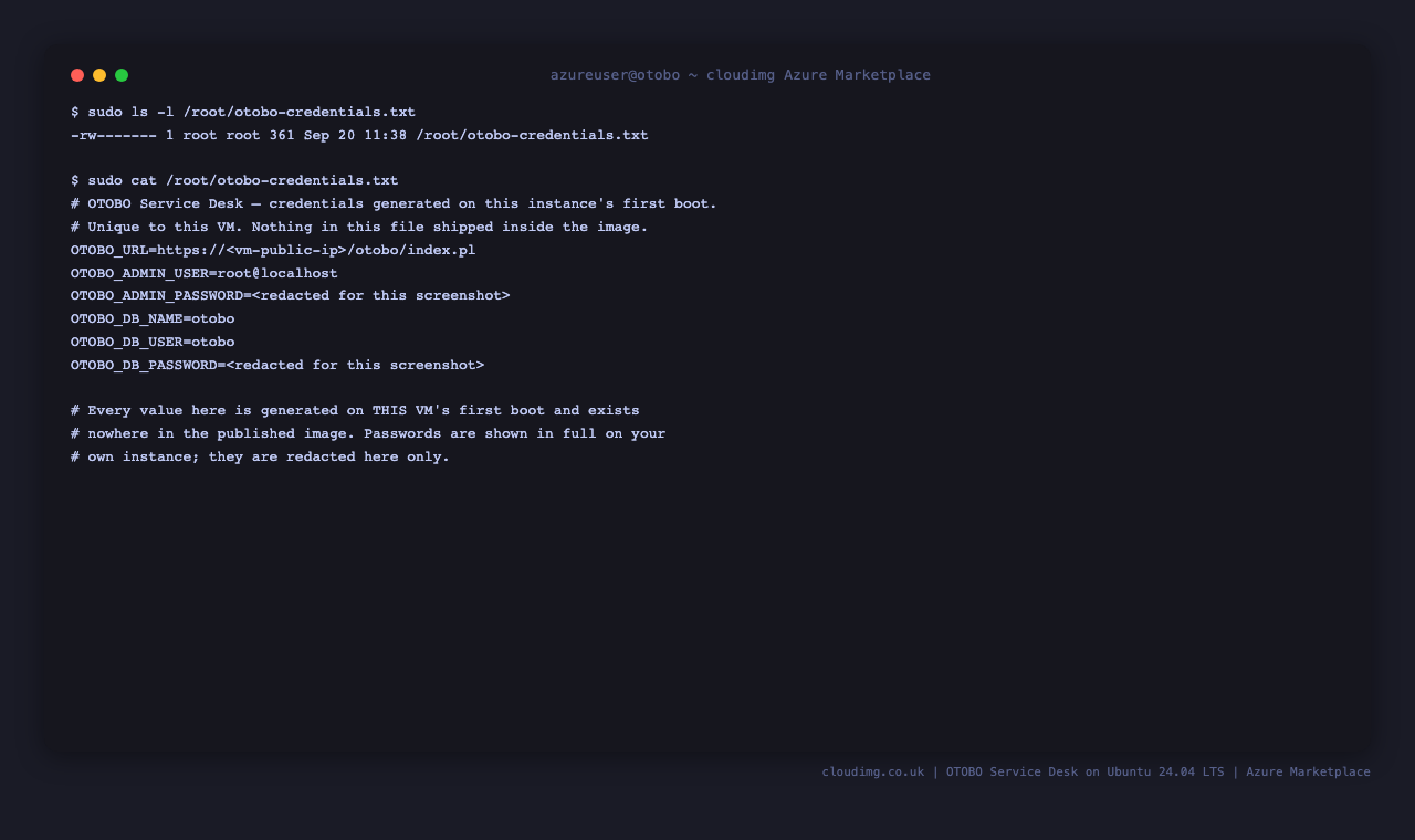 The per-VM credentials file, generated on first boot and readable only by root