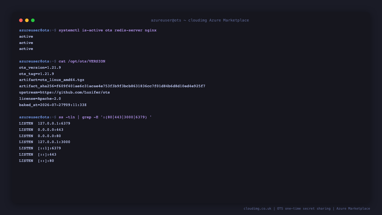 systemctl reports ots, redis-server and nginx all active, the VERSION file shows the baked OTS release and artifact checksum, and ss shows OTS bound to 127.0.0.1:3000 and Redis to 127.0.0.1:6379 loopback only with nginx public on :80 and :443