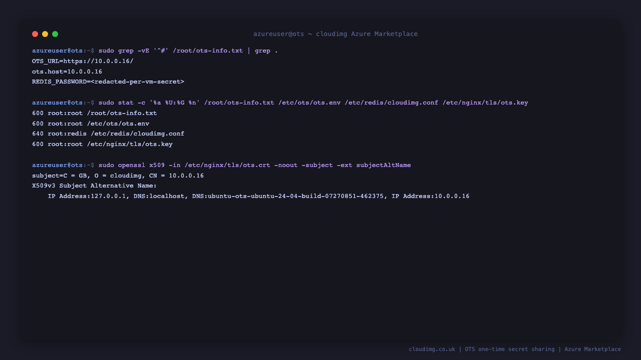The per instance first boot state, showing the instance URL from ots-info.txt with the Redis password redacted, the root only file permissions on every secret bearing file, and the certificate generated for this VM