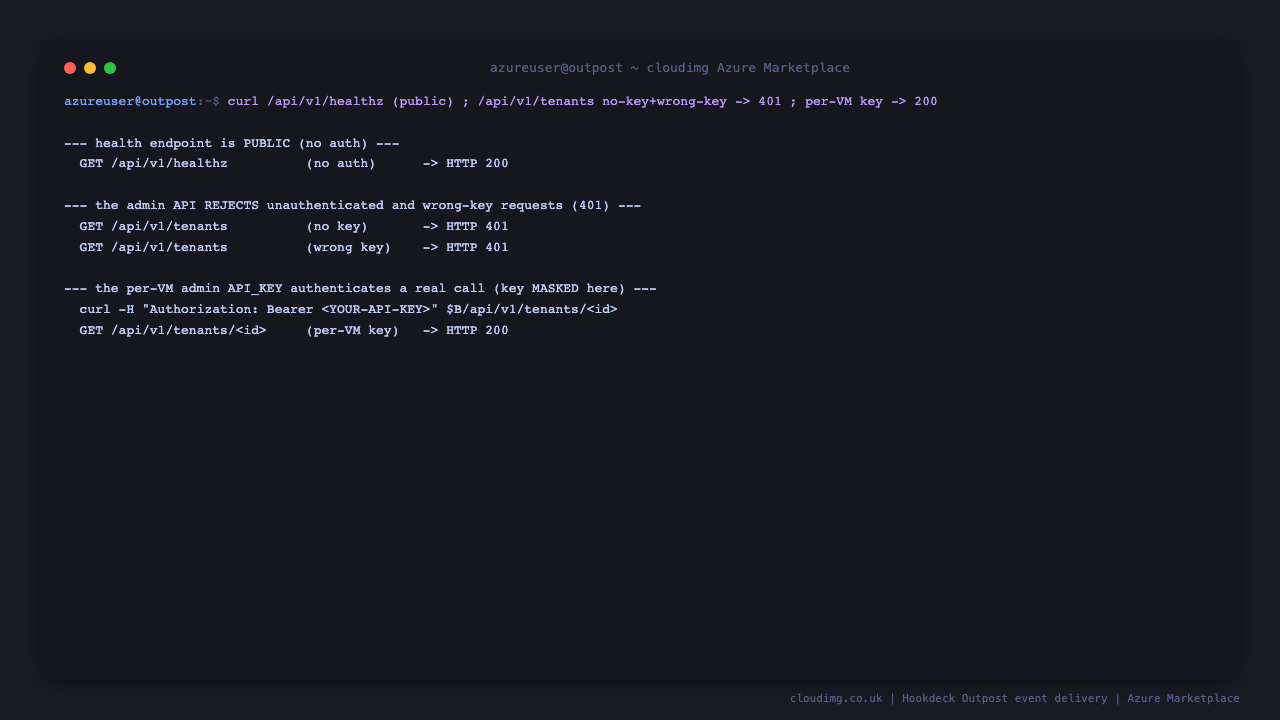 curl showing the healthz endpoint returning HTTP 200 with no auth, the tenants list rejected with HTTP 401 for no key and a wrong key, and HTTP 200 when the per instance API key is supplied to read a tenant back