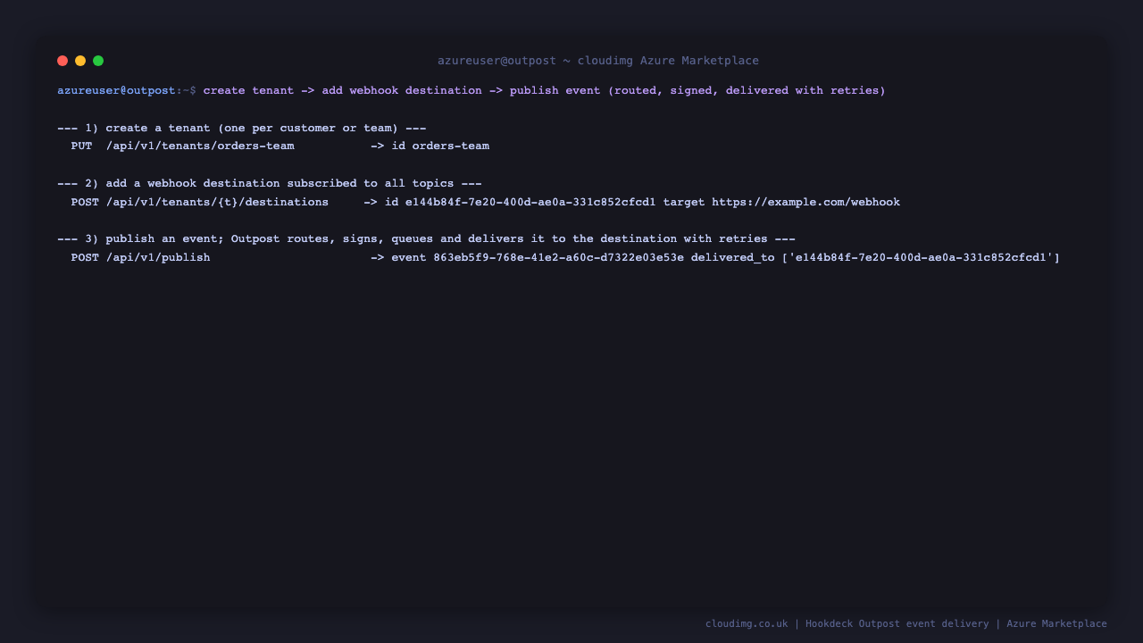 Running the event workflow over the API: create a tenant, add a webhook destination subscribed to all topics, and publish an event that Outpost routes, signs, queues and delivers to the destination with retries
