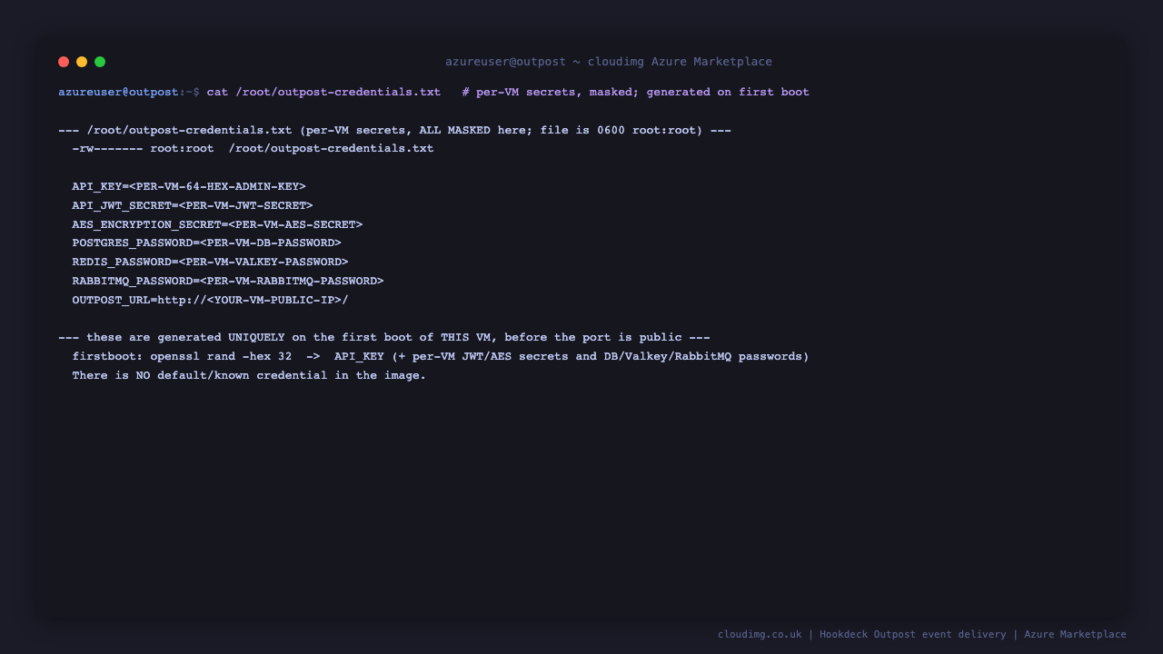 The outpost-credentials.txt file at mode 0600 root root with the per VM admin API key, JWT signing secret, encryption secret, PostgreSQL, Valkey and RabbitMQ passwords and URL all masked, and a note that they are generated uniquely on first boot before the port is public