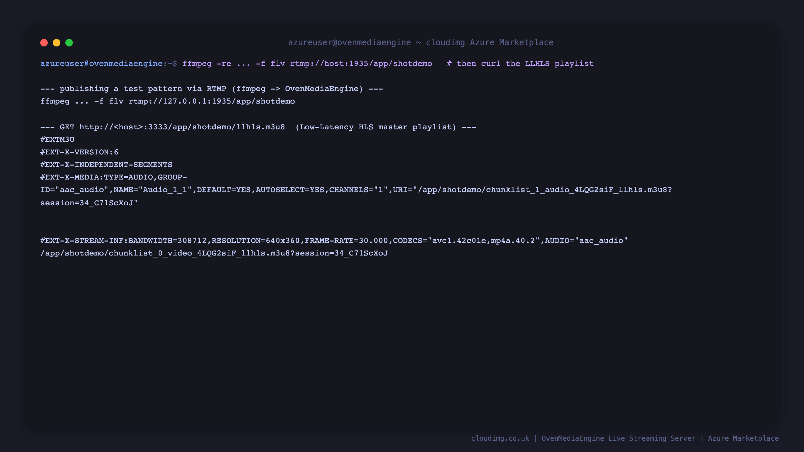 Terminal showing ffmpeg publishing a test pattern over RTMP and the resulting LLHLS master playlist served by OvenMediaEngine with H.264 video and AAC audio renditions