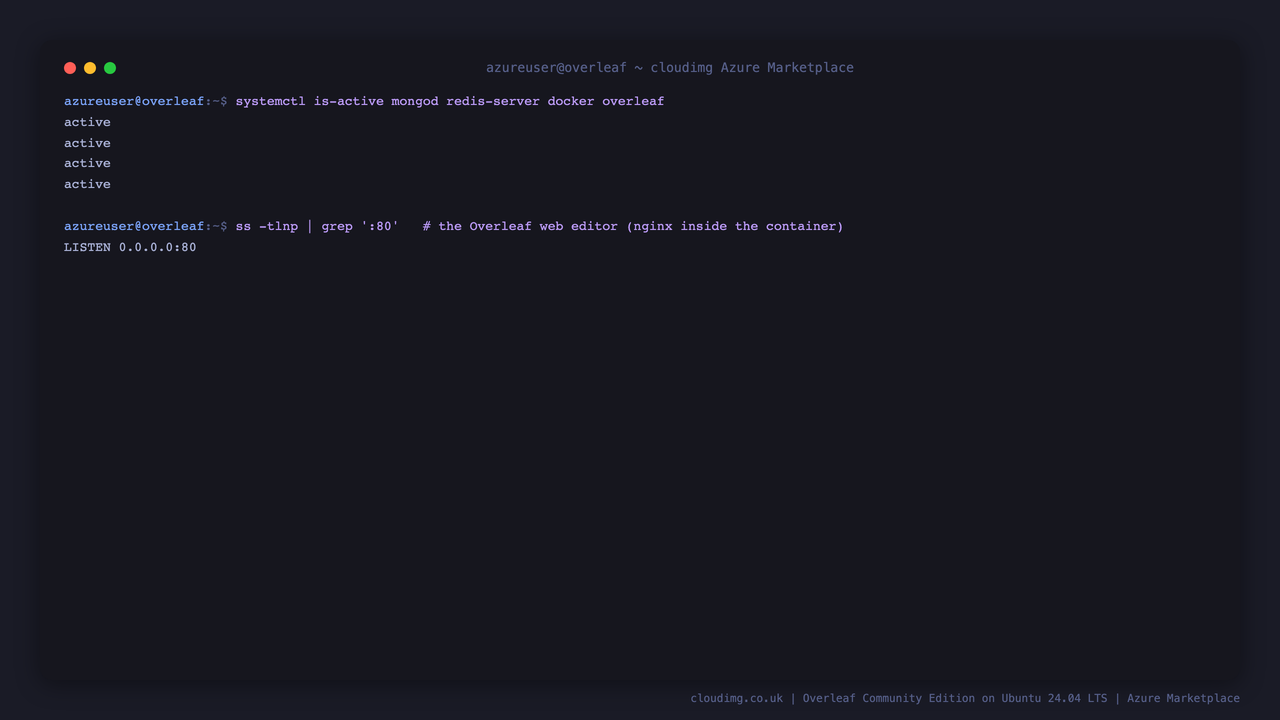 The mongod, redis-server, docker and overleaf systemd services all reporting active, with the web editor listening on 0.0.0.0:80