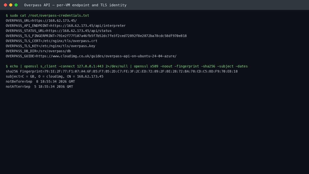 The per VM overpass-credentials.txt file shown over SSH, listing this machine's API endpoint URLs and the SHA-256 fingerprint of the TLS certificate generated on this virtual machine at first boot, alongside the same fingerprint read back off the live TLS listener