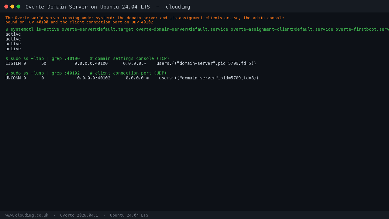 Overte world server running under systemd with the admin console on TCP 40100 and the client port on UDP 40102