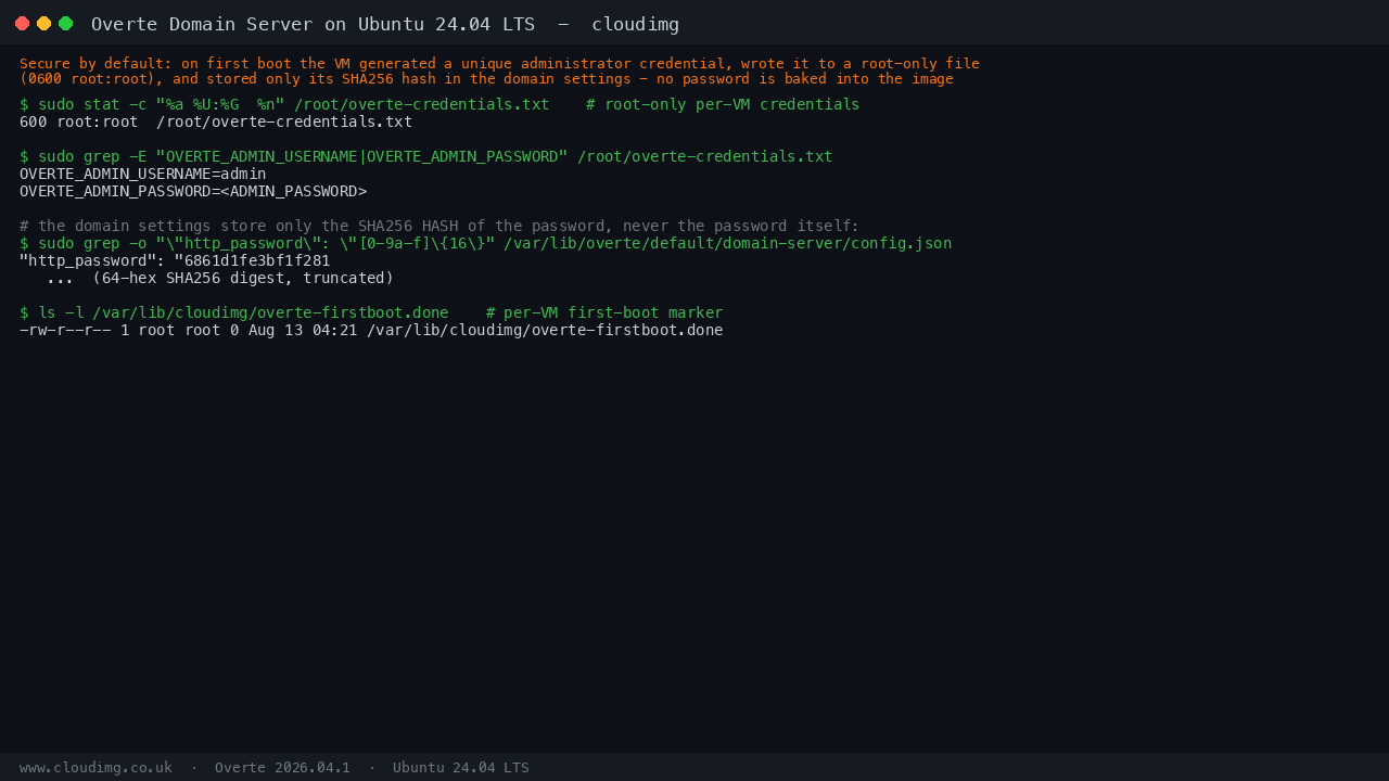 The per-VM administrator credential generated on first boot, stored as a SHA256 hash in the domain settings