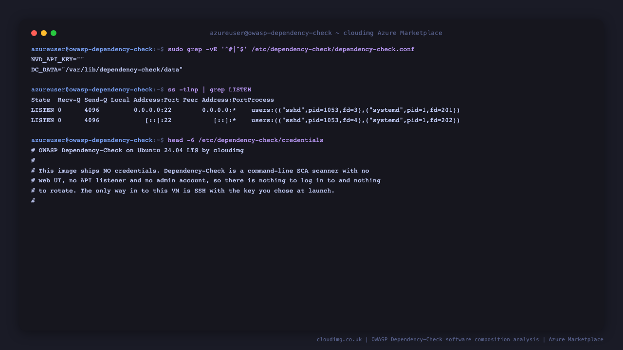 Empty NVD key config, SSH-only listener set and the no-credential note