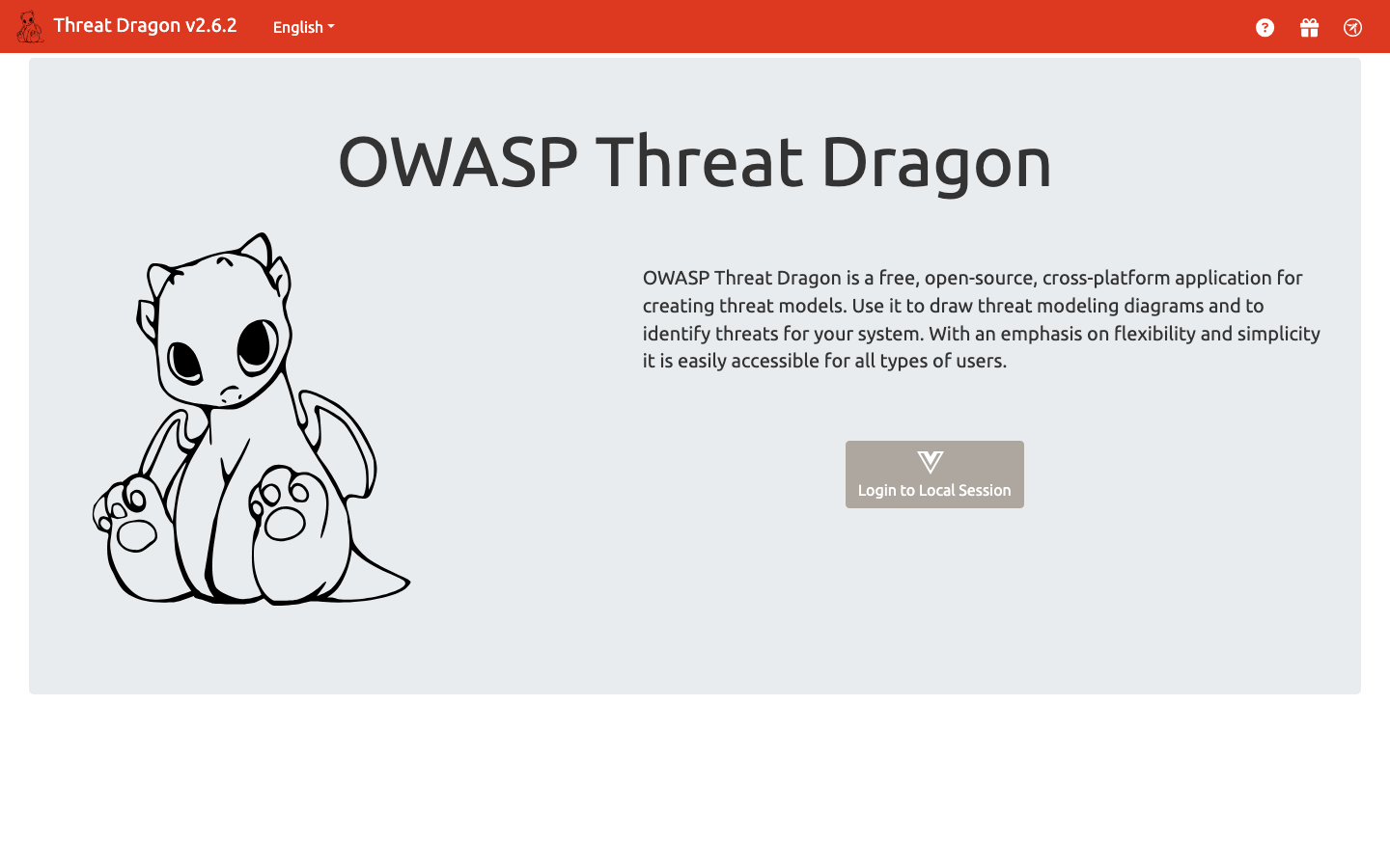 The OWASP Threat Dragon 2.6.2 front page with the Login to Local Session button