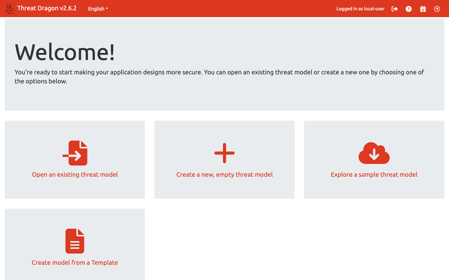 The Threat Dragon dashboard with Open an existing threat model, Create a new empty threat model, Explore a sample threat model and Create model from a Template