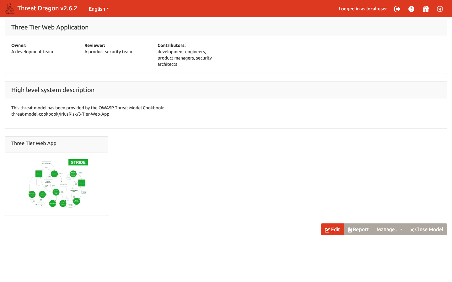 The Three Tier Web Application sample model summary with its owner, reviewer, description and the Three Tier Web App diagram, and the Edit, Report, Manage and Close Model buttons