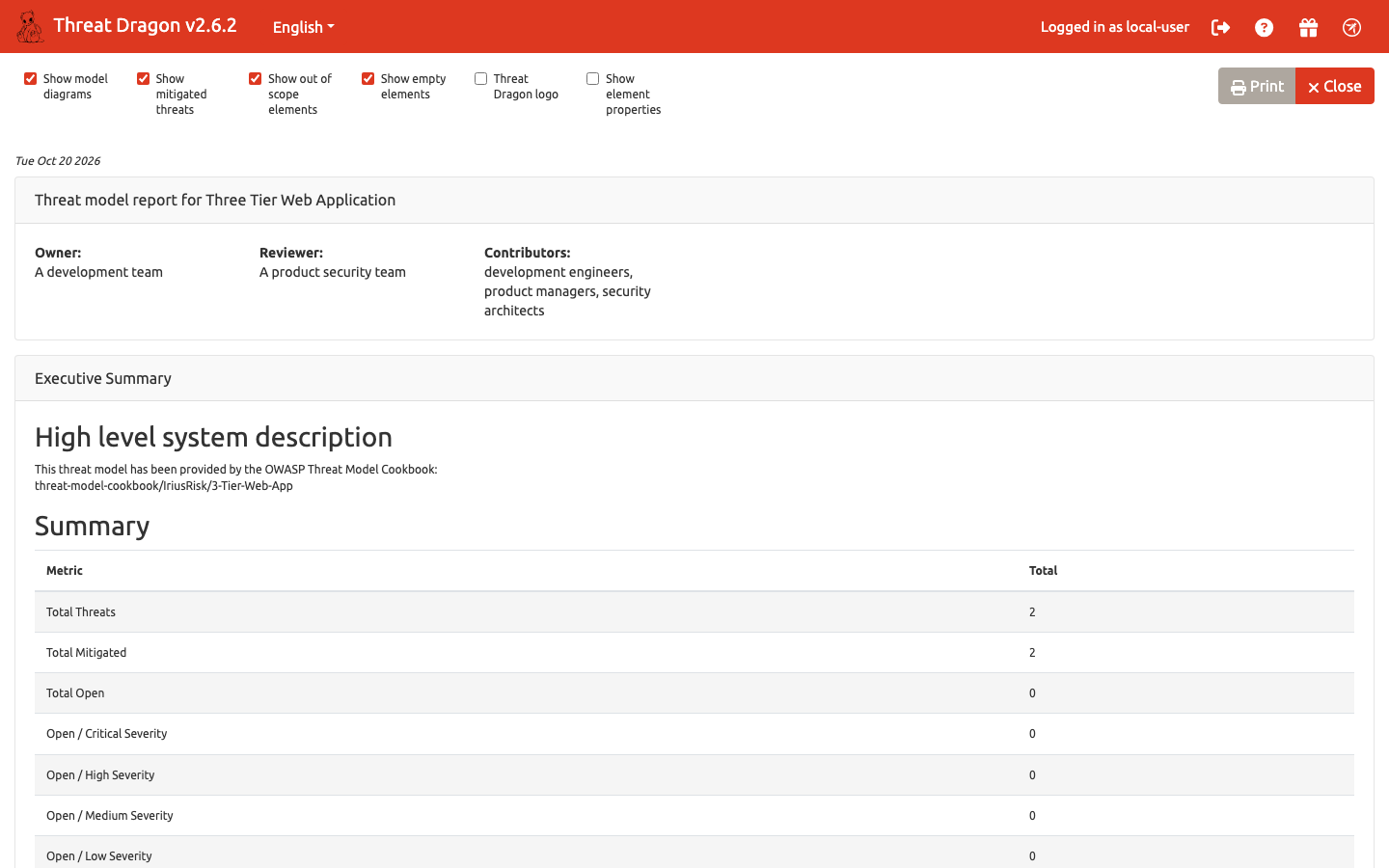 The Threat Dragon threat model report for Three Tier Web Application with its executive summary and the threat counts