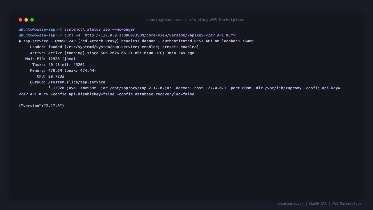 The OWASP ZAP daemon active and running under systemd and the authenticated REST API returning the ZAP core version JSON over loopback port 8080, with the API key masked