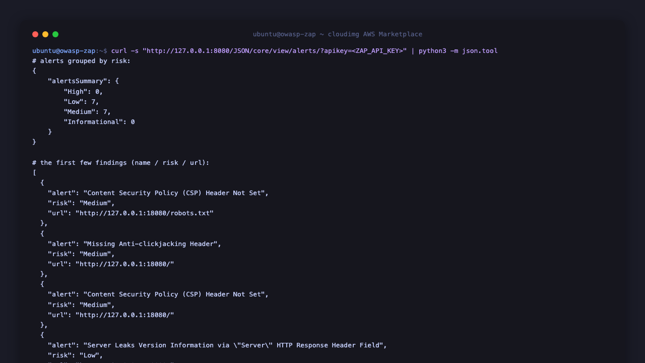 The ZAP REST API returning the scan alerts grouped by risk and the individual findings as JSON, each with the rule name, risk level and affected URL