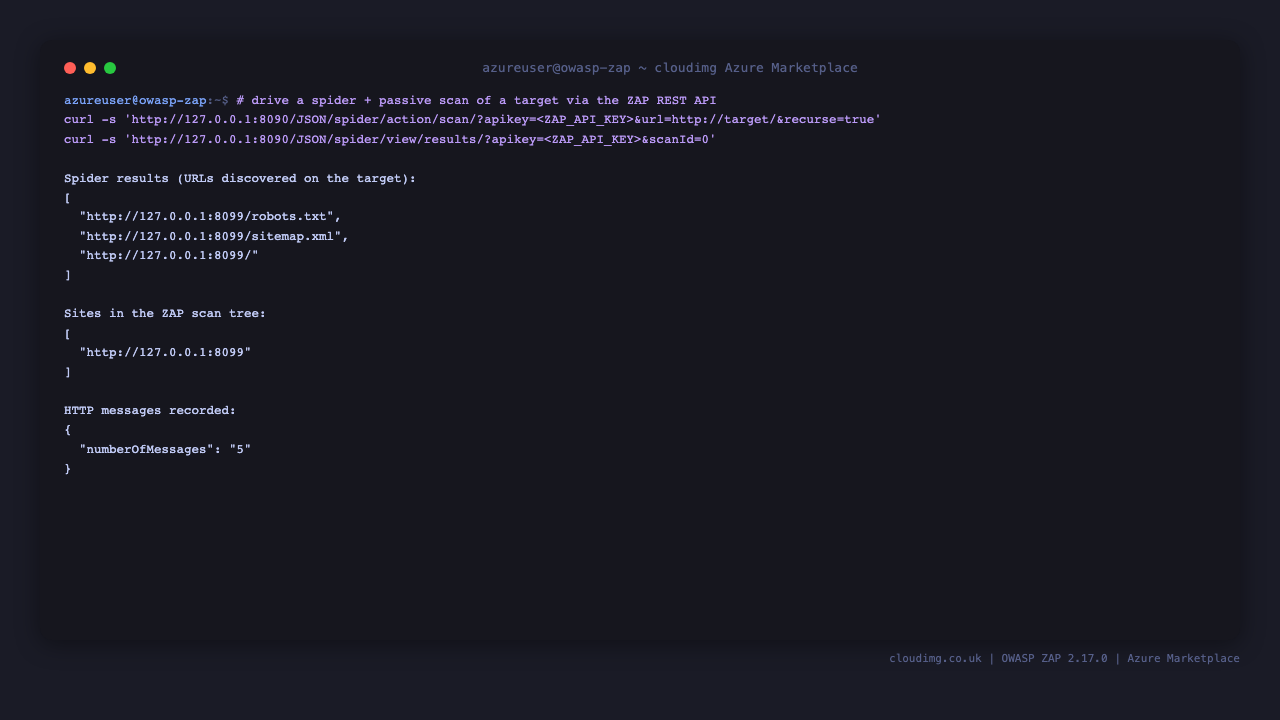 ZAP spider and passive scan via the API