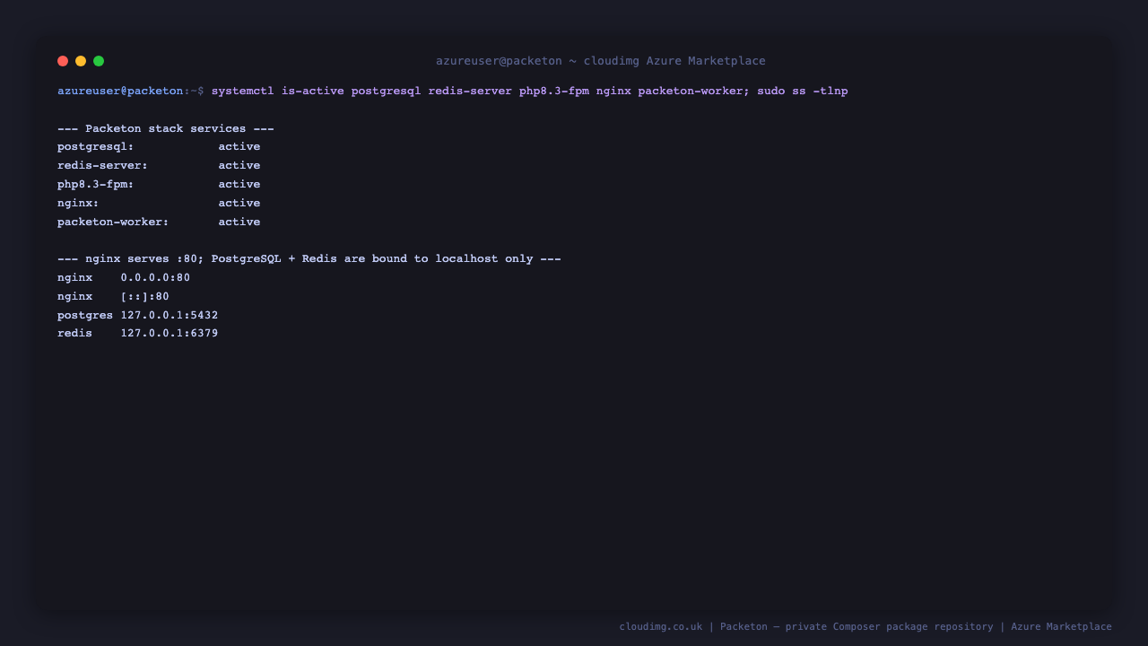 Packeton stack services and localhost-only database and cache