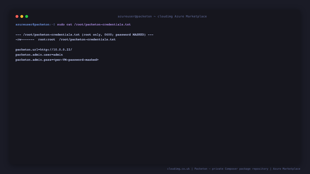 Per-VM Packeton credentials, root-only and masked