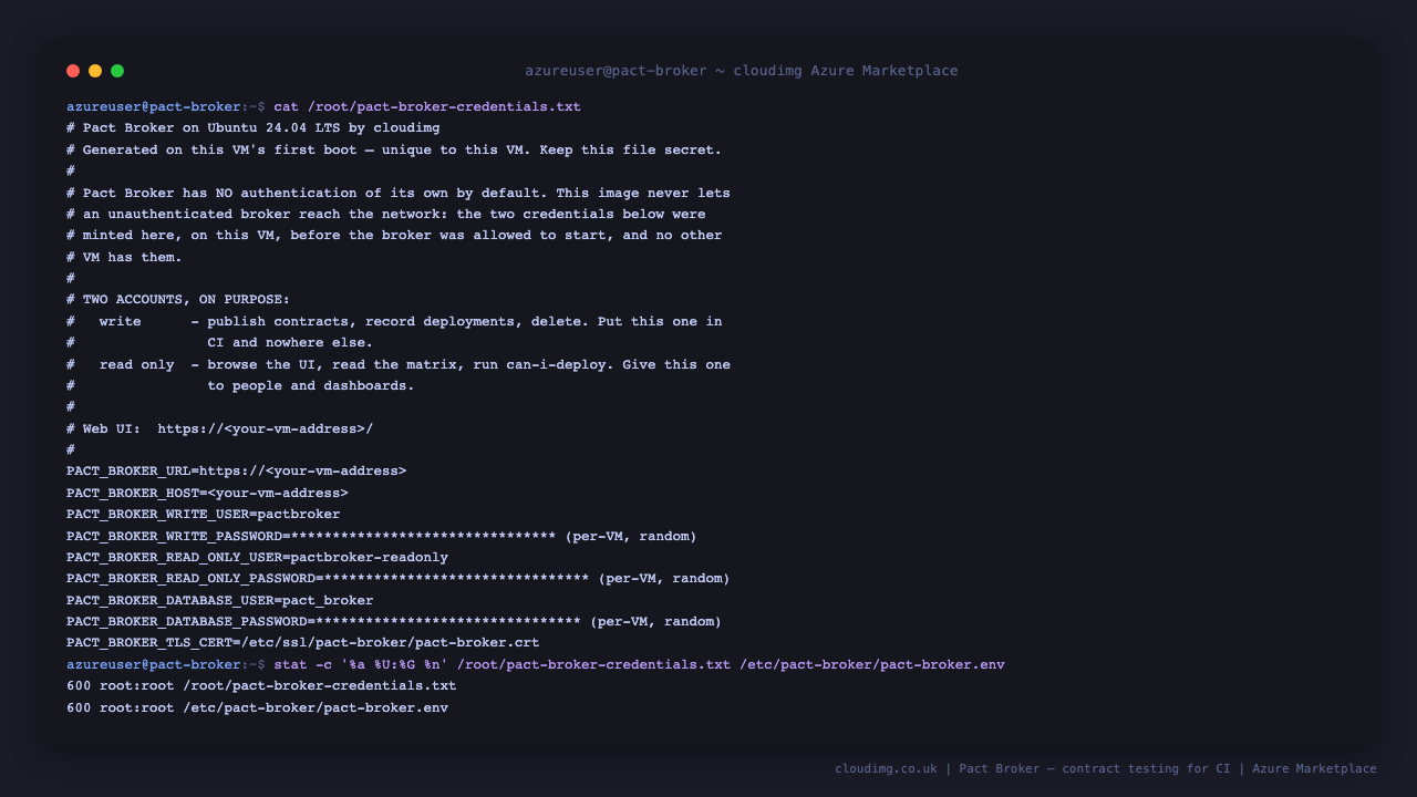 The per-VM credentials file with the three passwords redacted, and the permissions on the credentials and environment files