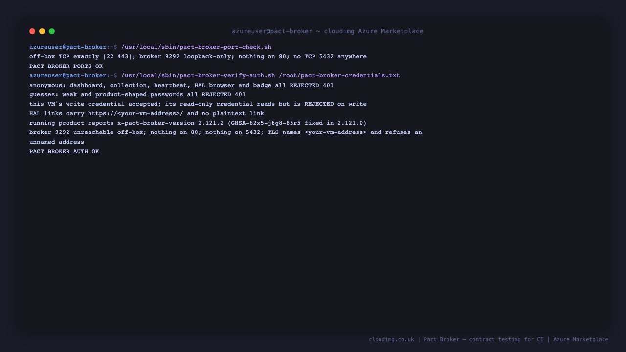 Every anonymous request refused, the read-only credential refused on write, and the running broker reporting its version