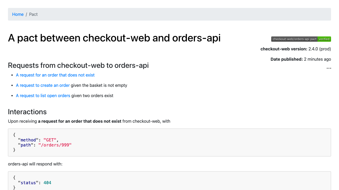 A published contract rendered in the web interface, with its interactions and verification badge