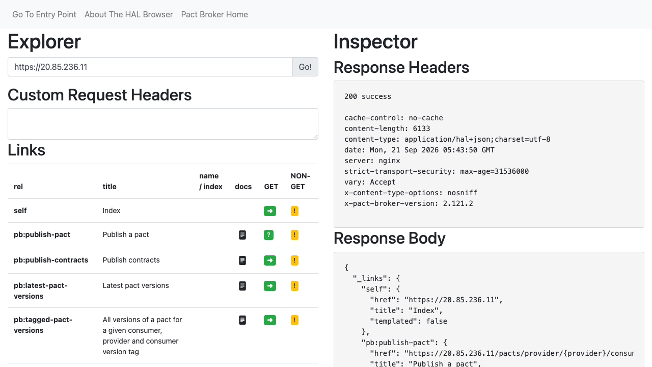 The API browser showing the broker's entry point, its available links and the live response headers