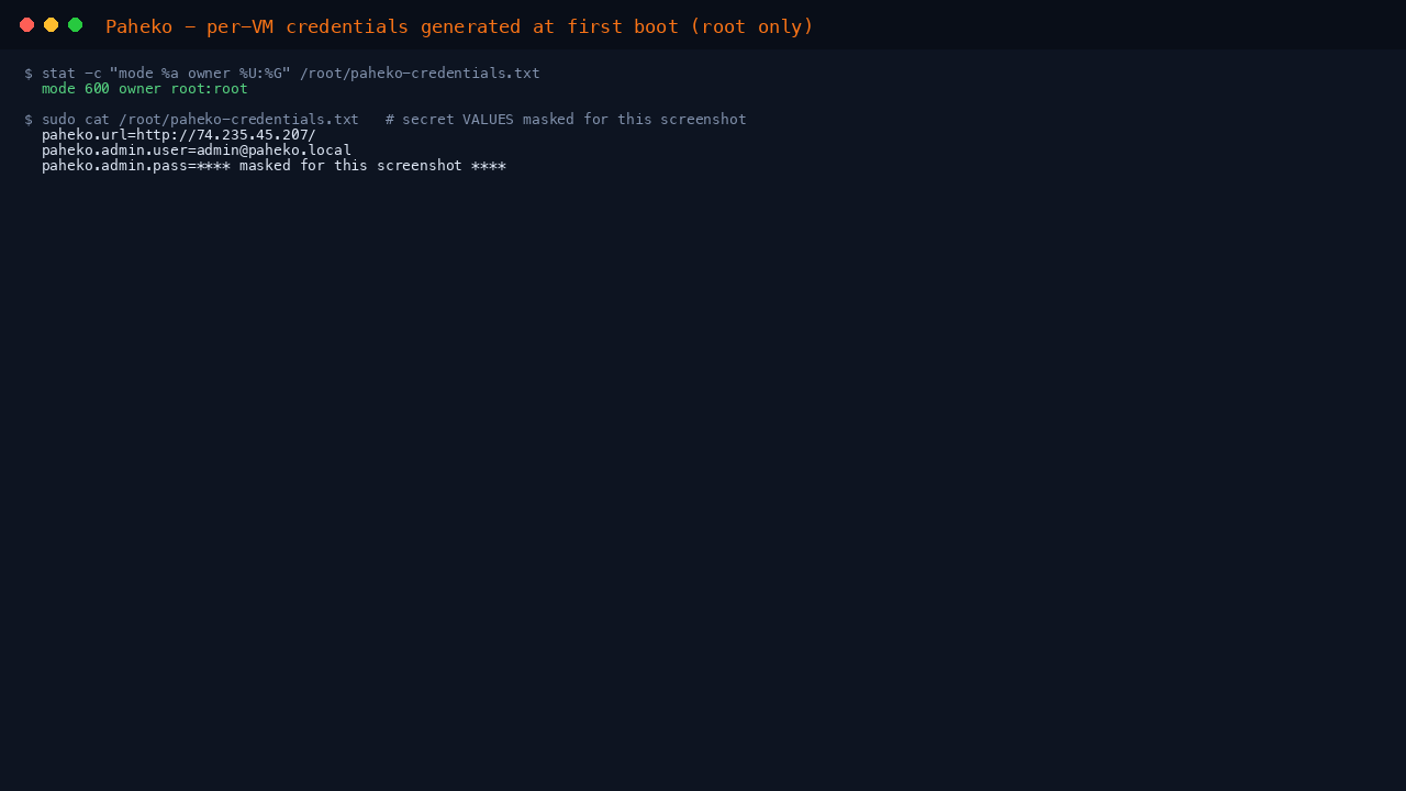 The per VM Paheko credentials file, showing the admin e-mail, the generated password and the site URL, with the secret value masked