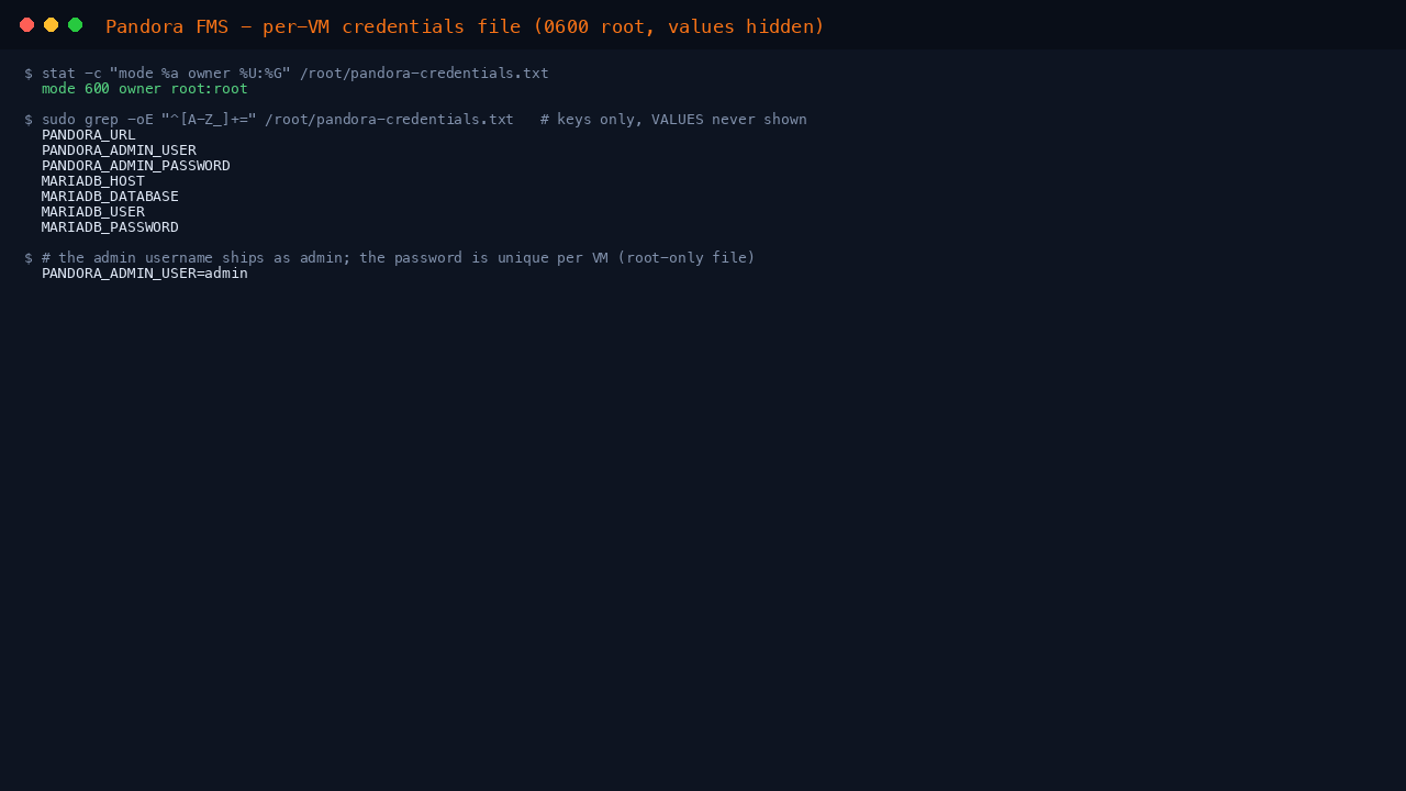 The per VM Pandora credentials file, showing the admin login user, the generated password key, the console URL and the loopback MariaDB details, mode 0600 owned by root with the values hidden