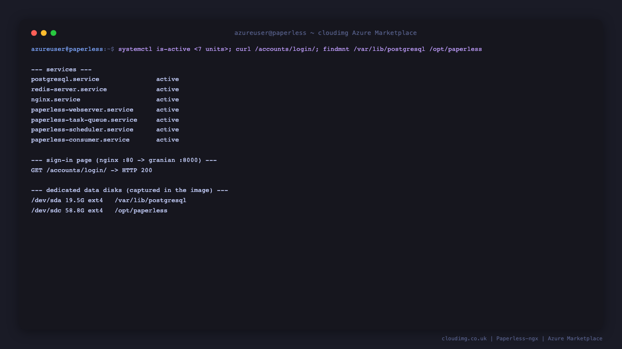 Service status, sign-in page health check and the two dedicated data disks on a freshly deployed VM