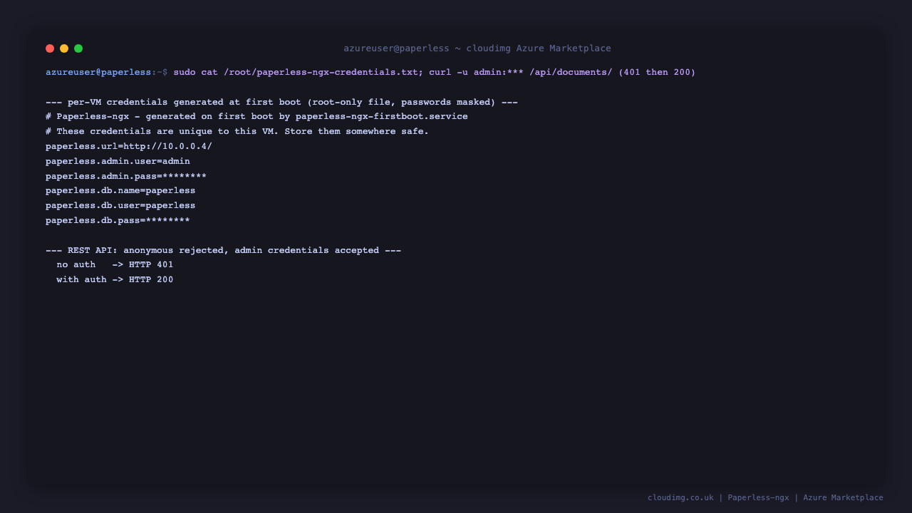 The per-VM credentials file and the REST API rejecting anonymous requests while accepting the administrator credentials