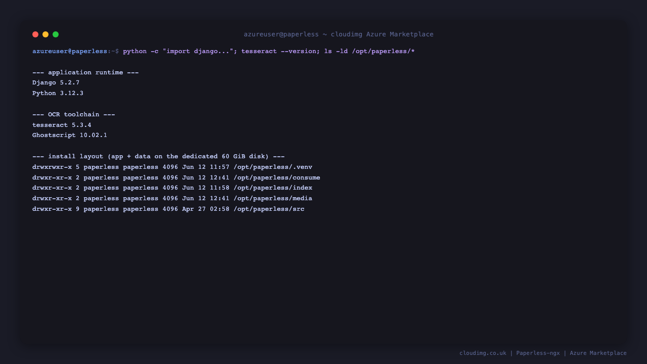 Runtime versions and the install layout under /opt/paperless