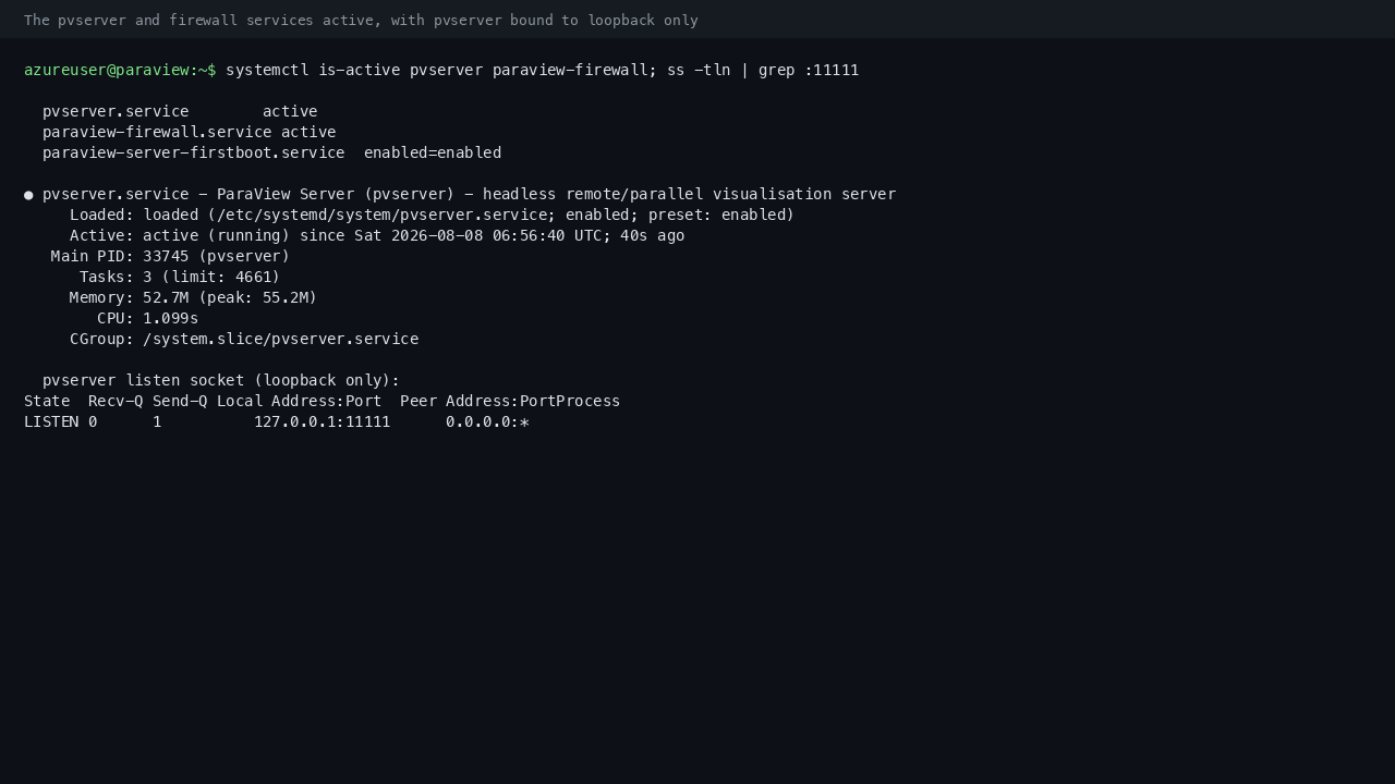 The pvserver and firewall services active, with pvserver bound to loopback only