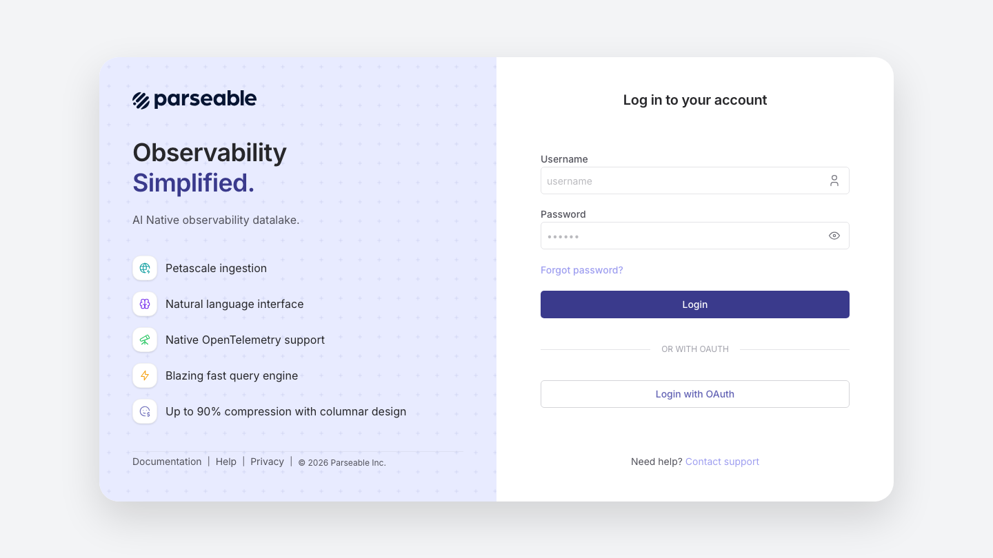 The Parseable sign in page served over HTTPS by the cloudimg image