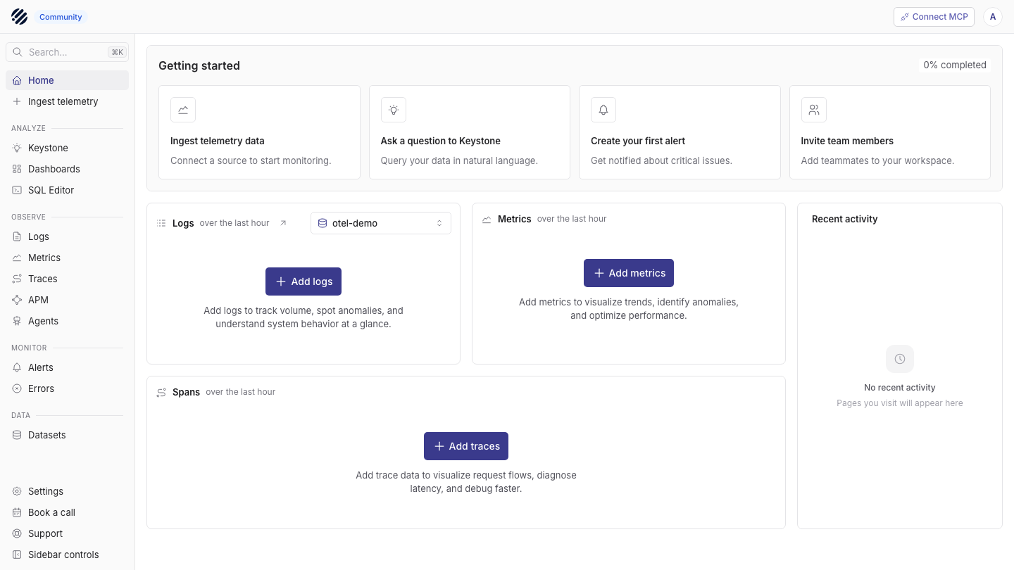 The Parseable home page after sign in, with the navigation for logs, metrics, traces, dashboards, alerts and the SQL editor