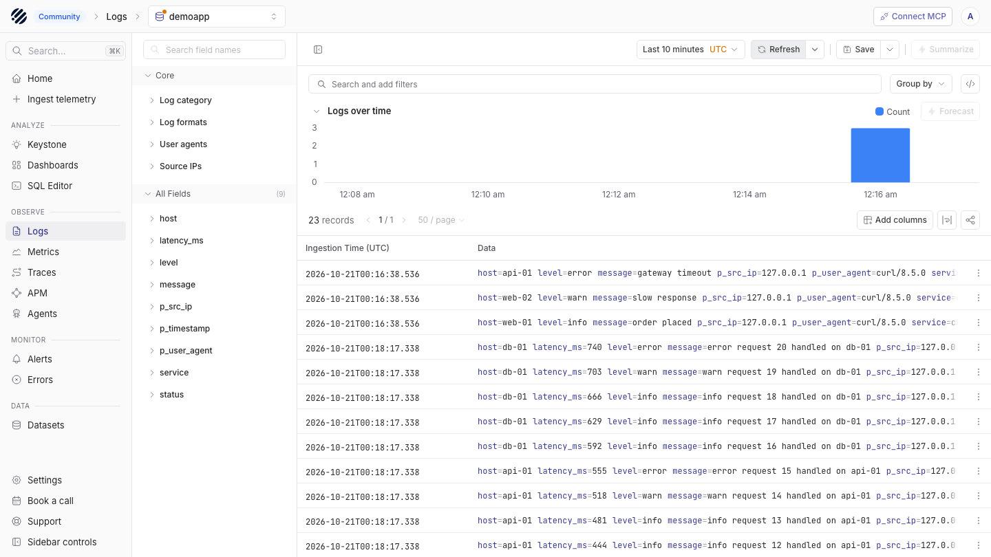 The Parseable Logs explorer for the demoapp dataset showing the events histogram, the detected fields and the event table