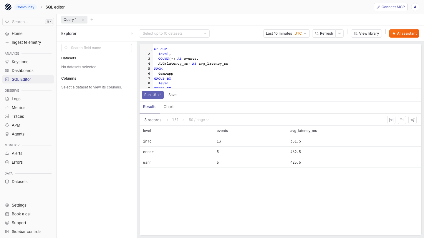 The Parseable SQL editor running a GROUP BY query over the demoapp dataset with the result table