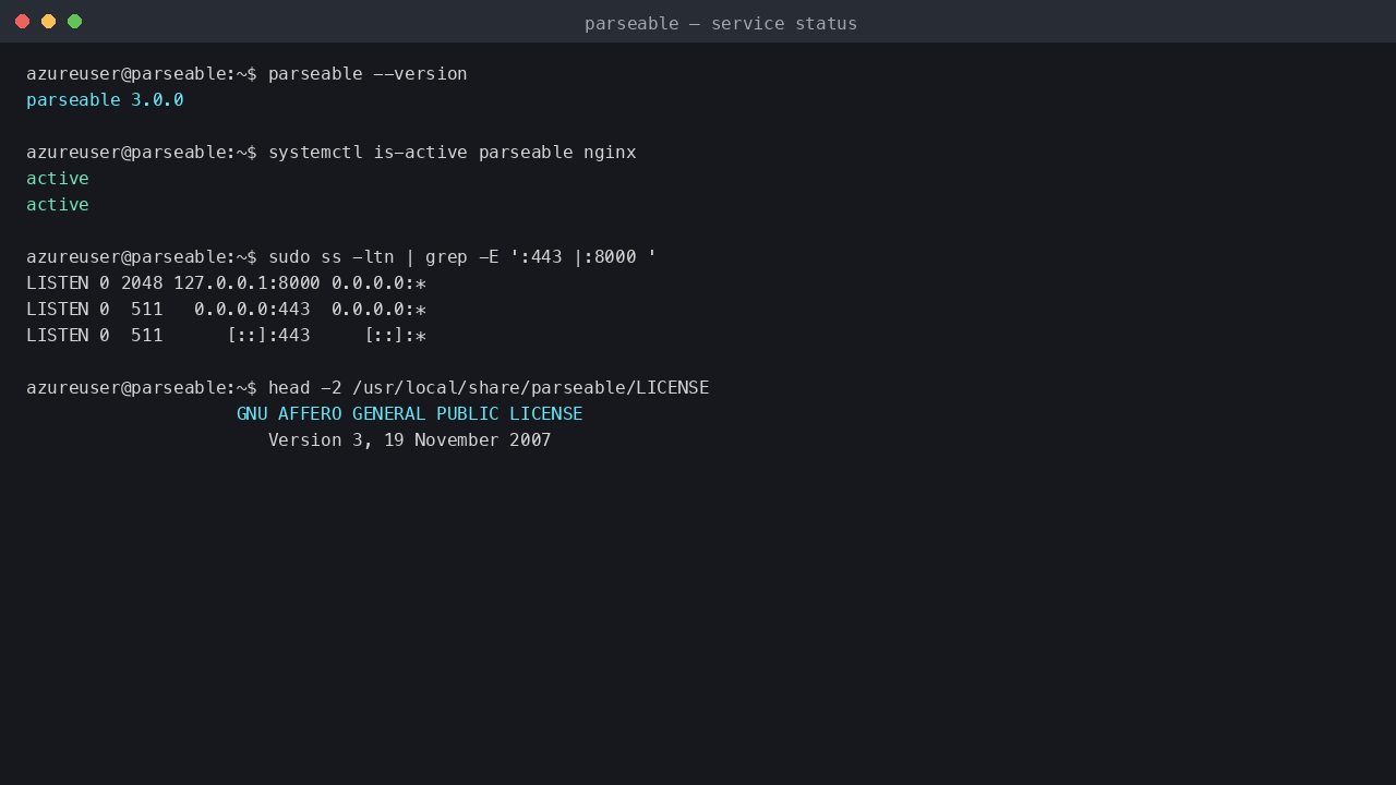 Parseable and nginx active; the server is bound to loopback only while nginx listens on 443, and the AGPL-3.0 licence ships with the image