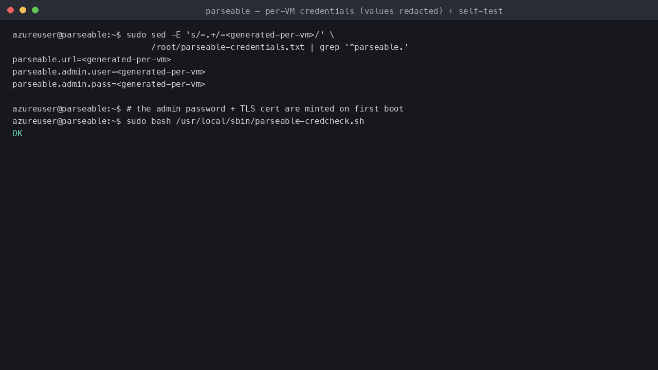 The per-VM credentials file (values redacted) and the credential self-test reporting OK