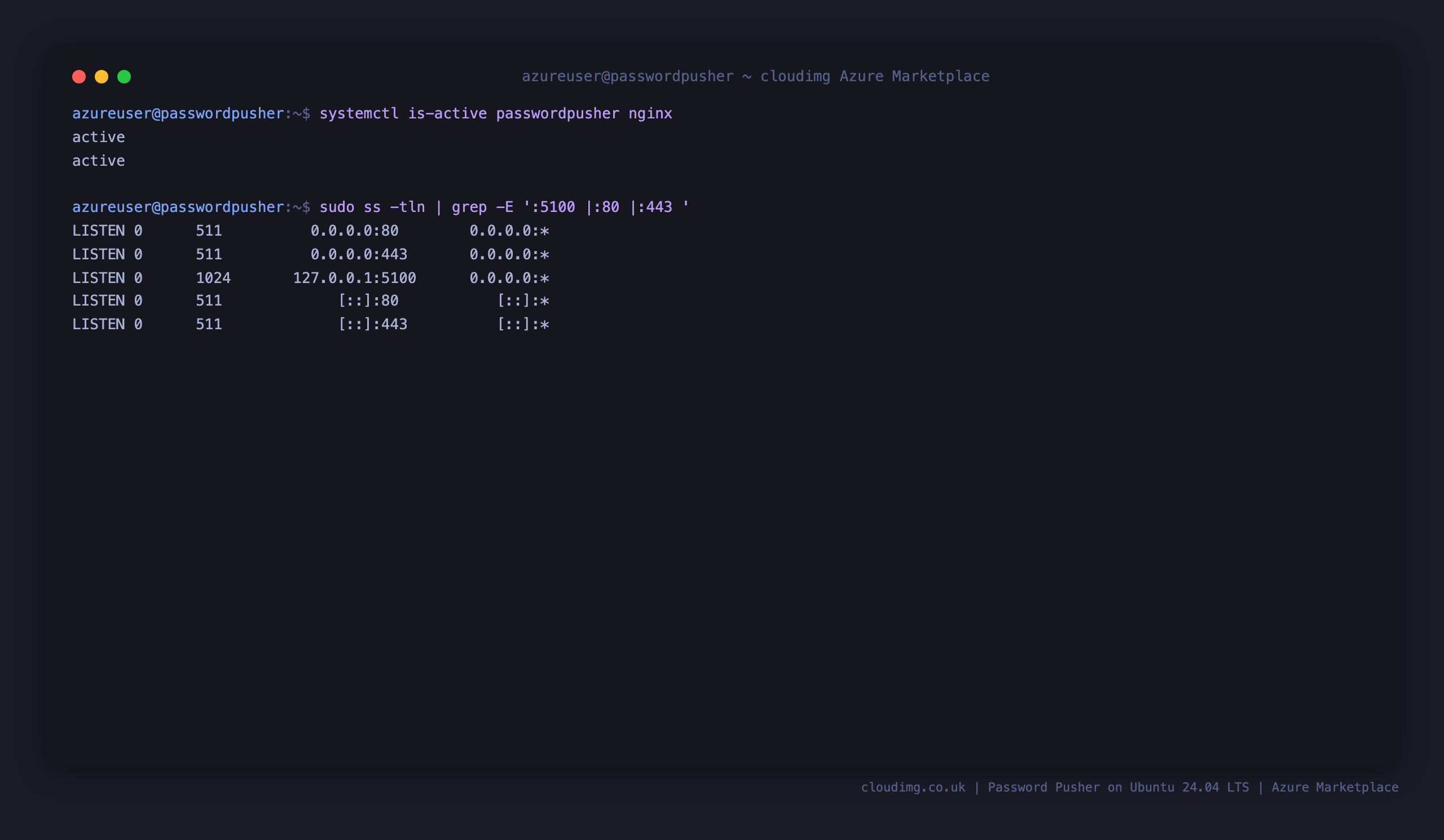 systemctl reports passwordpusher and nginx both active; ss shows puma bound to 127.0.0.1:5100 loopback only, with nginx public on :80 and :443